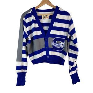 Dehen Women's L‎ Blue White Striped Button Up Varsity Cardigan Sweater *